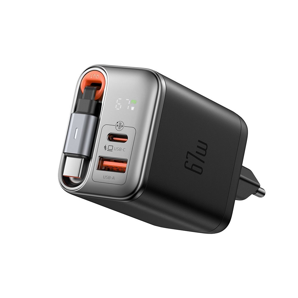 Mcdodo - nástěnná nabíječka FreeGo Series (CH-4100) - s vestavěným zatahovacím kabelem USB-C, USB-A/C, 67W, digitální displej, 65cm - černá