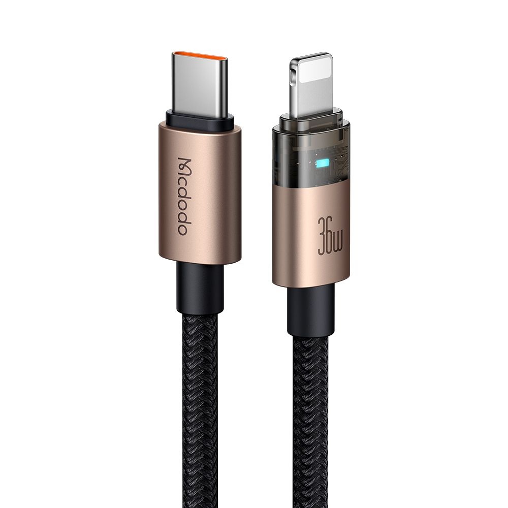 Mcdodo – datový kabel (CA-6941) – s nabíjecím světlem, USB-C na Lightning, průhledný kabel, 36W, 1,2m – Desert Gold