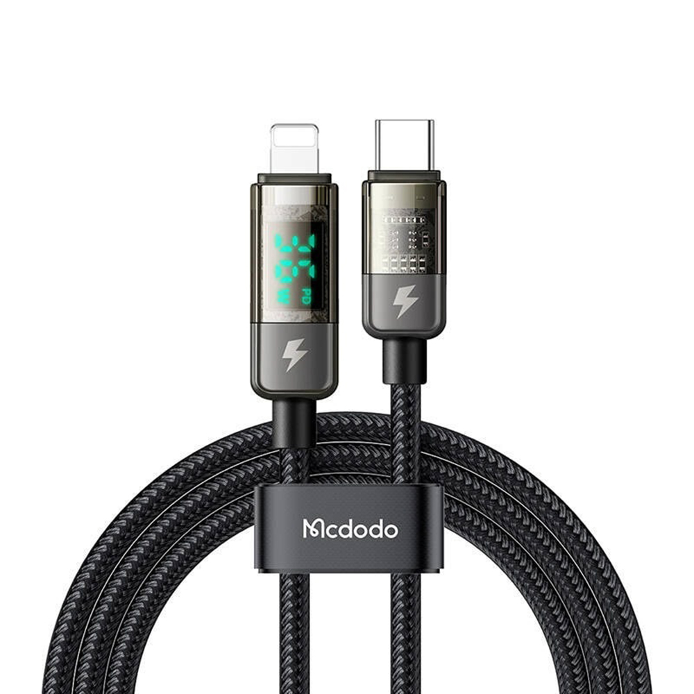 Mcdodo – datový kabel (CA-3600) – USB-C na Lightning, 36W, digitální displej, automatické vypnutí, transparentní design, 1,2m – černý