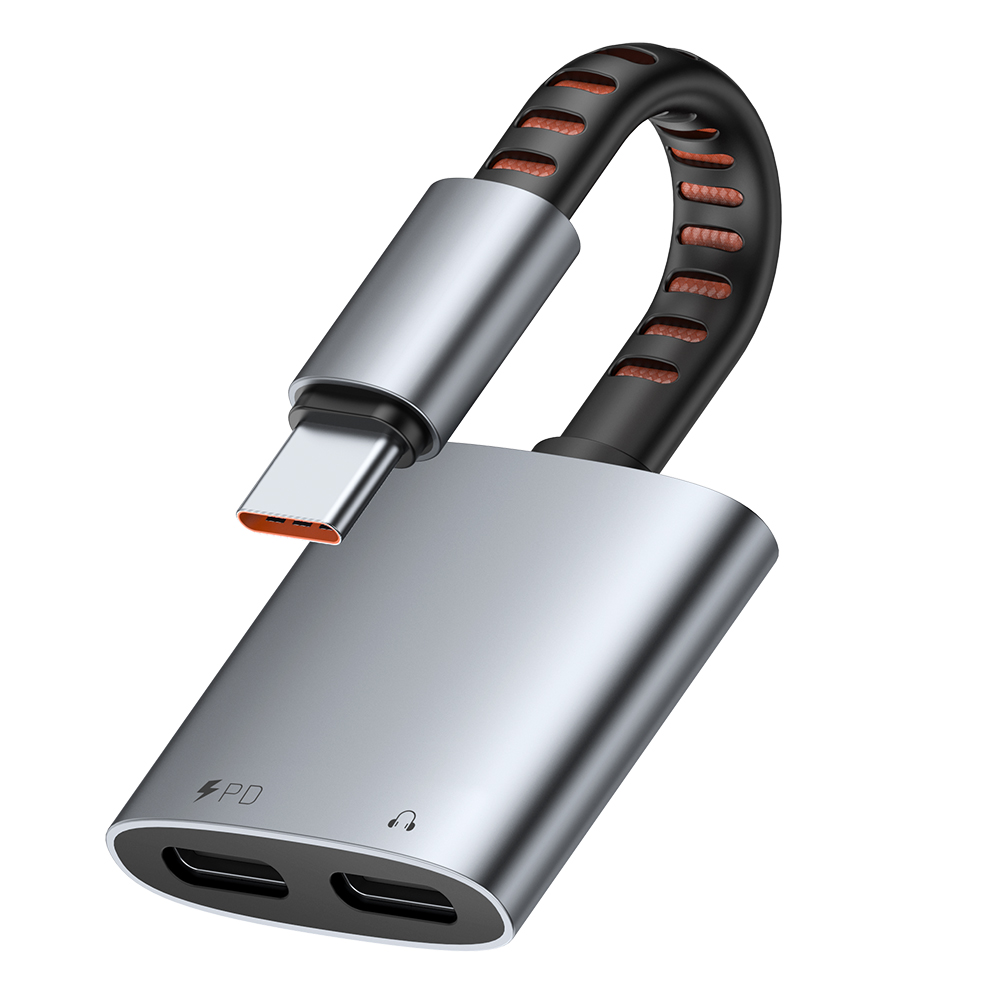Mcdodo – audio adaptér (CA-3370) – USB-C na 2x USB-C, 3A, 60W, prémiová kvalita zvuku, hliníková slitina/nylon, 0,1m – šedá