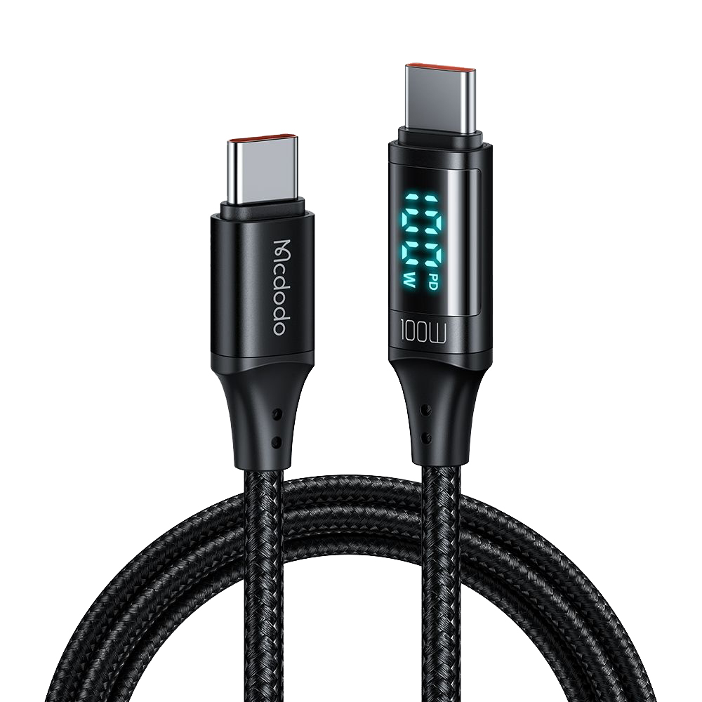 Mcdodo - datový kabel (CA-1100) - Type-C na Type-C, s digitálním displejem, nylonové opletení, hliníková slitina, 100W, 1,2m - černý