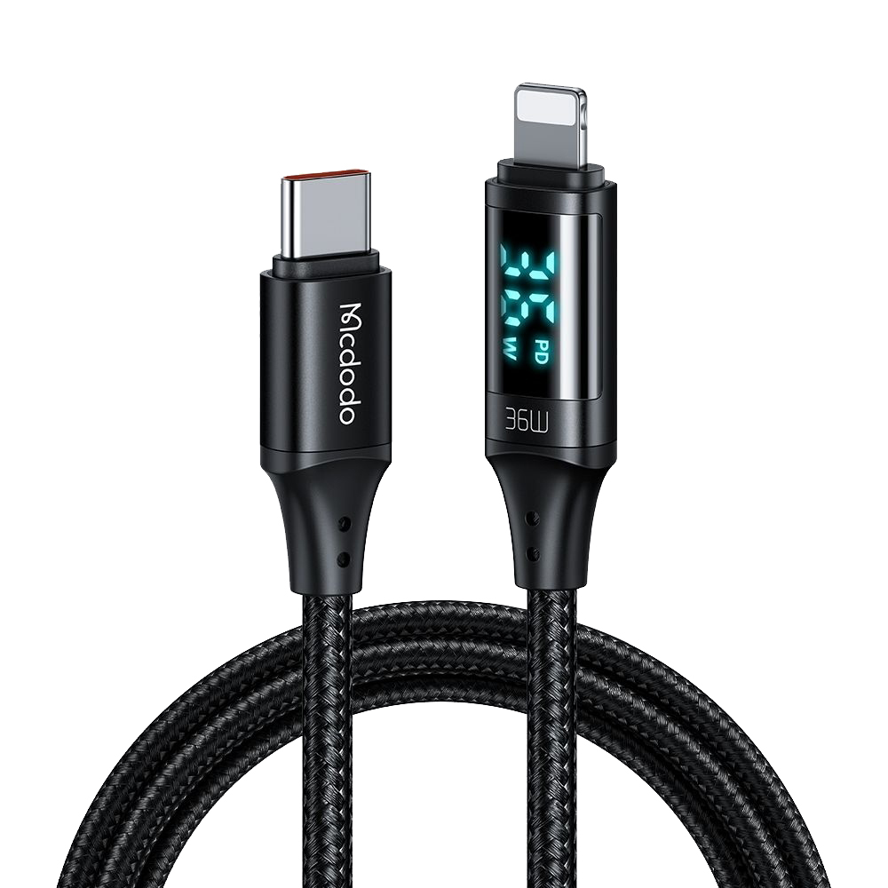 Mcdodo – datový kabel (CA-1030) – USB-C na lightning, s digitálním displejem, nylonový oplet, hliníková slitina, 36W, 1,2m – černý