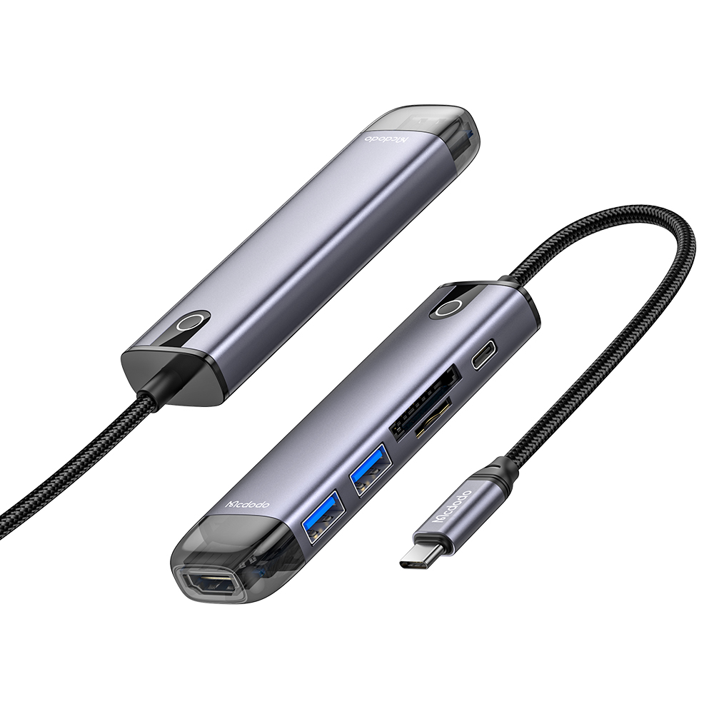 Mcdodo – rozbočovač (HU-7740) – 6v1, 2x USB3.0, Type-C PD100W, HDMI 4K, slot na SD/TF kartu, 5Gbps, 2TB, kabel Type-C – šedá
