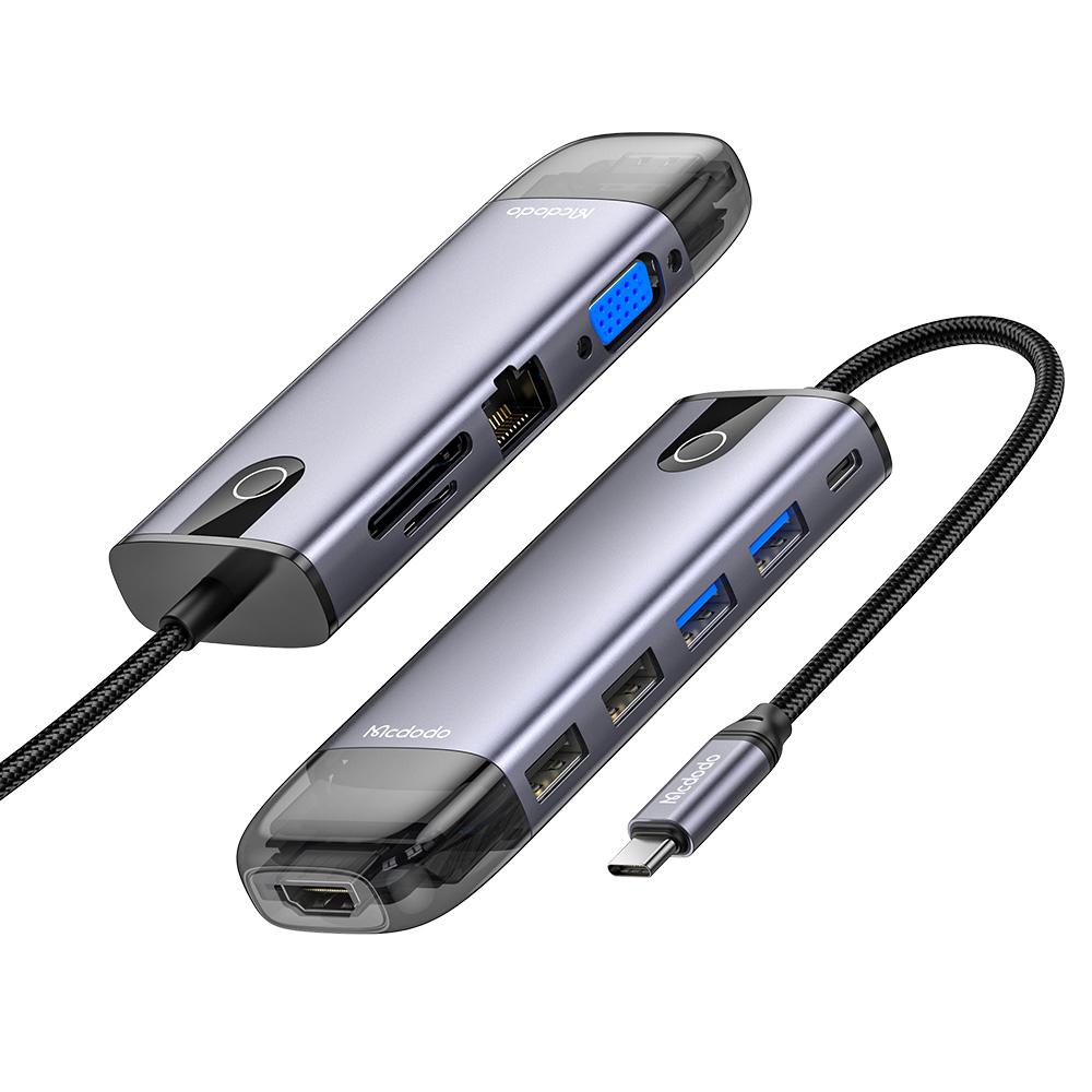 Mcdodo – rozbočovač (HU-7420) – 10v1, 2x USB2.0, 2x USB3.0, USB-C PD100W, VGA, HDMI 4K, LAN, slot SD/TF, 5Gbps, kabel Type-C – šedá