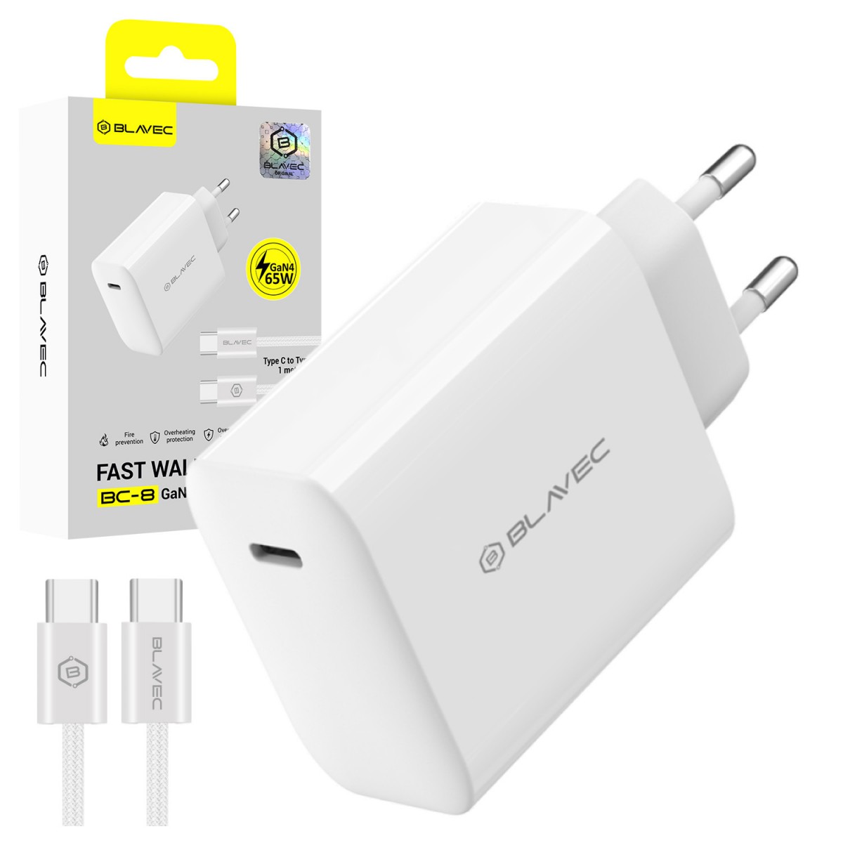 Nabíječka Blavec BC-8 GaN4 – typ C – PD QC 65W 3A s kabelem typ C na typ C (TCBC8G4-CW653A+CC) bílá