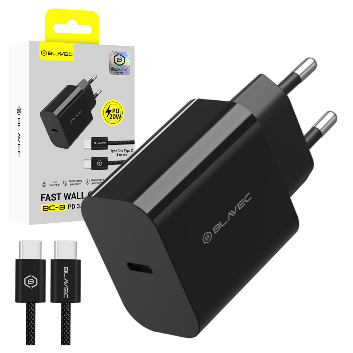 Blavec nabíječka BC-9 – typ C – PD 20W 3A s kabelem typu C na typ C (TCBC9-CB203A+CC) černá