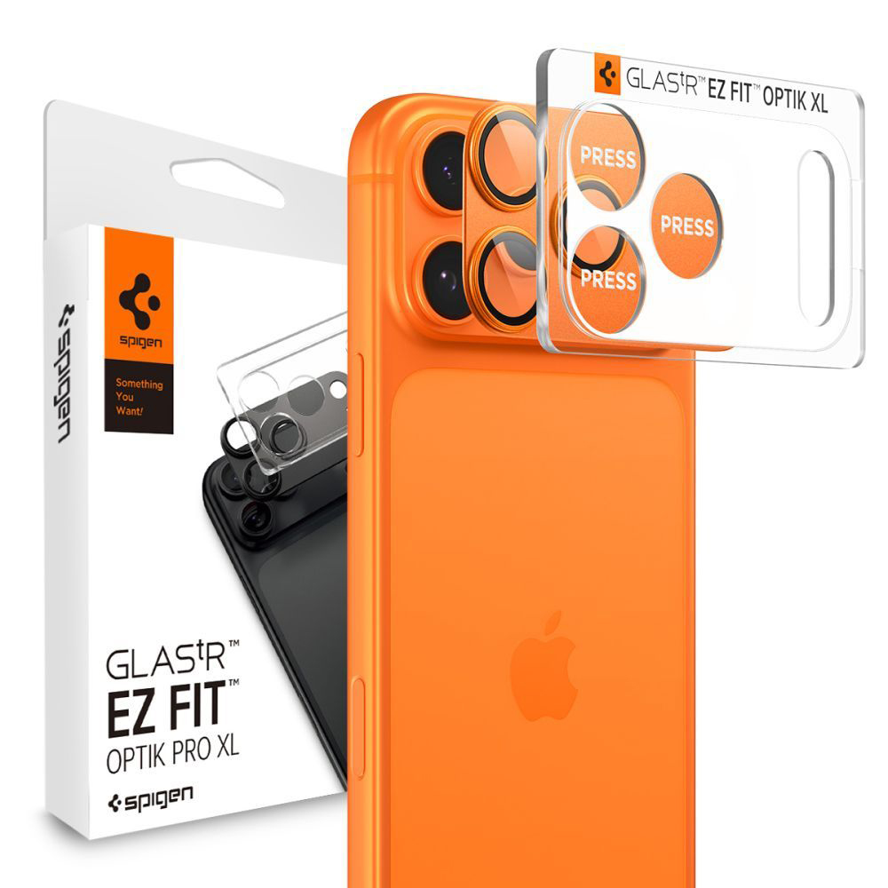 Spigen – Optik.tR EZ Fit Pro Camera Glass (balení 2 ks) – iPhone 17 Pro Max – oranžová