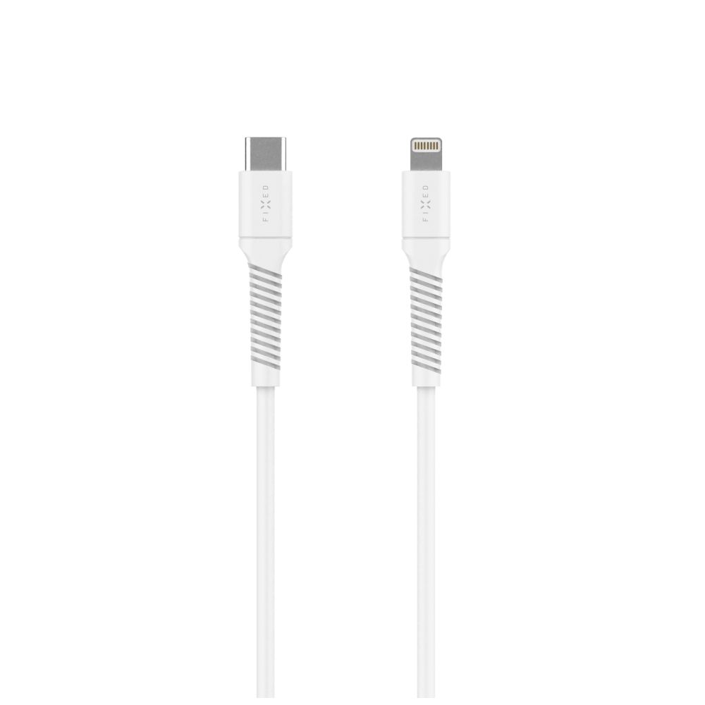 Nabíjecí a datový Liquid silicone kabel FIXED s konektory USB-C/Lightning a podporou PD, 1.2m, USB 2.0, 60W, bílý