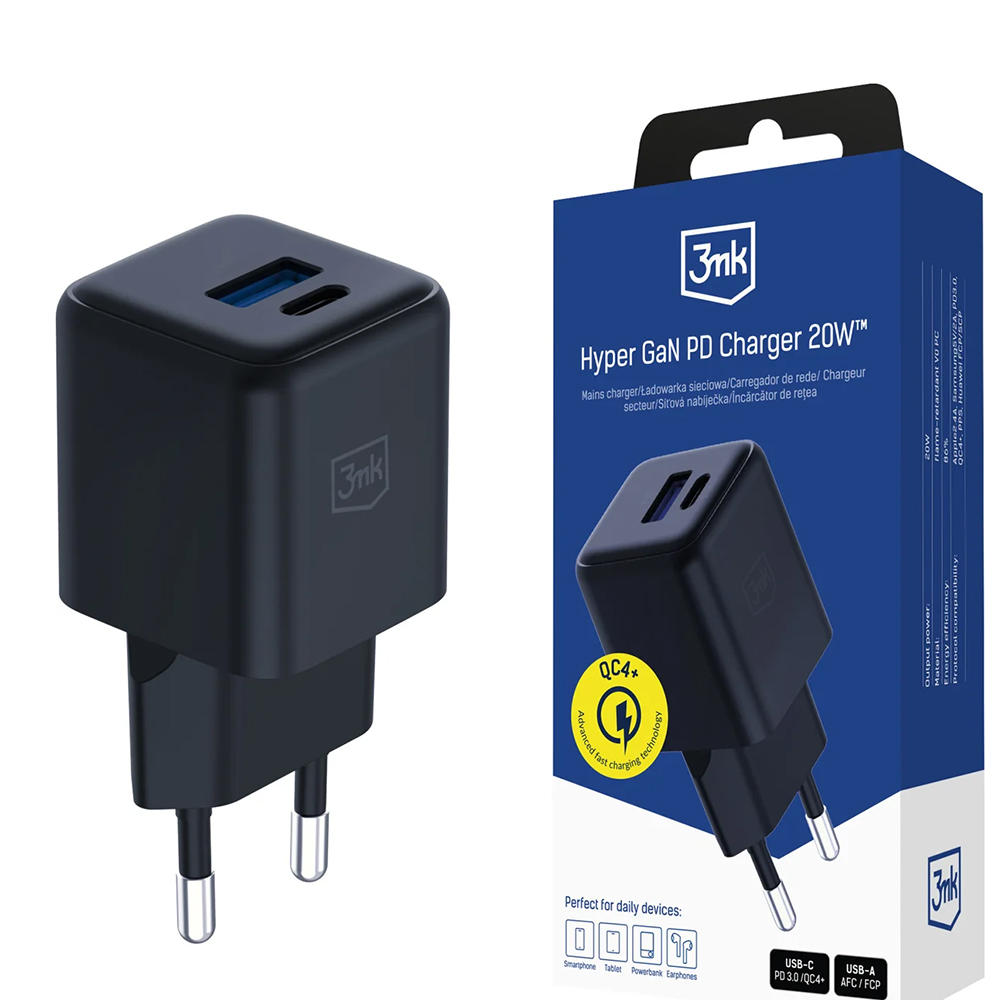 3mk - nástěnná nabíječka Hyper - USB-A, USB-C, technologie GaN, QC4 + PD, 20W - černá