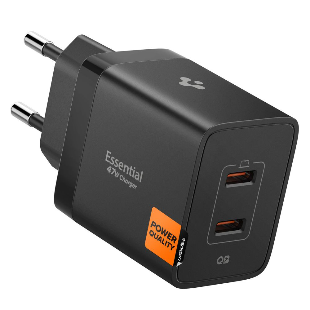 Spigen – nástěnná nabíječka Essential (EE472EU) – 2× typ C, rychlé nabíjení, Quantum Boost, 47 W – černá