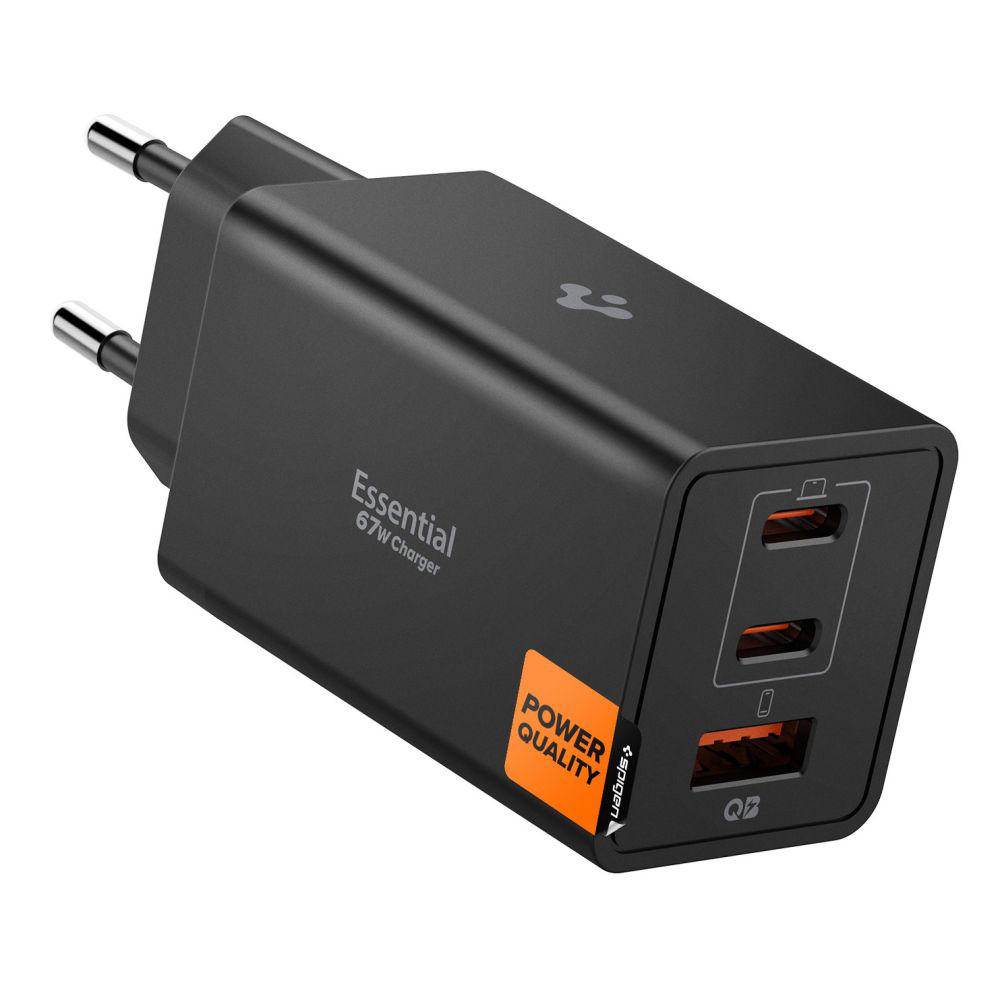 Spigen – nástěnná nabíječka Essential (EE673EU) – USB, 2× Type-C, rychlé nabíjení, Quantum Boost, 67W – černá