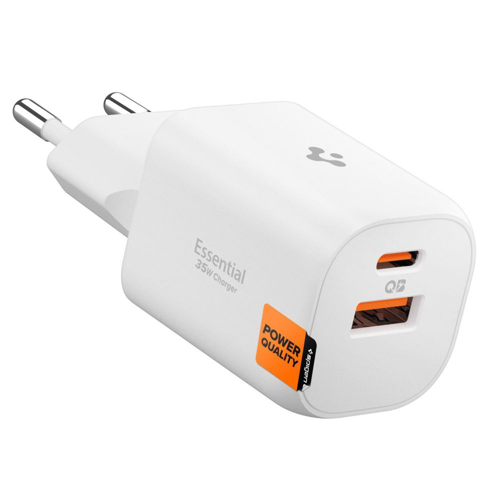 Spigen – nástěnná nabíječka Essential (EE352EU) – USB, Type-C, rychlé nabíjení, Quantum Boost, 35W – bílá