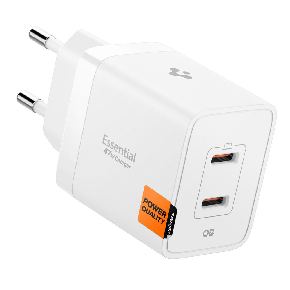 Spigen – nástěnná nabíječka Essential (EE472EU) – 2× Type-C, rychlé nabíjení, Quantum Boost, 47W – bílá