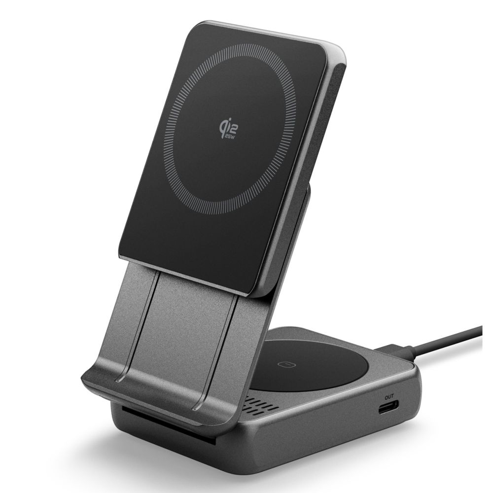 Spigen – bezdrátová nabíjecí stanice Essential (EF302MOQ) – MagSafe, rychlé nabíjení, Qi2.2, Type-C, 3v1, skládací, 25W – šedá