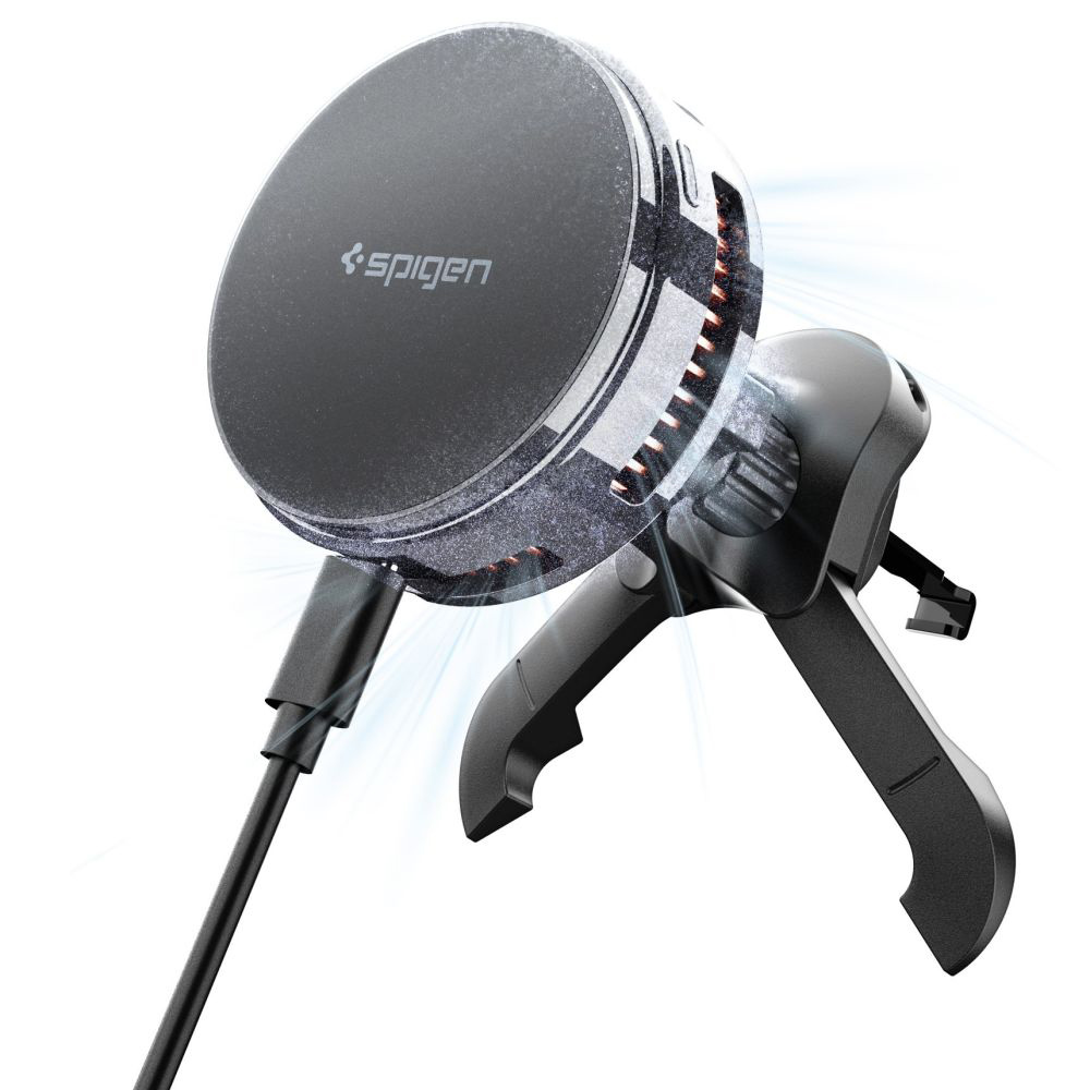 Spigen – držák do auta s bezdrátovým nabíjením Essential (EV25MFAQ) – MagSafe, rychlé nabíjení, Qi2.2, do ventilační mřížky, 25W – černý