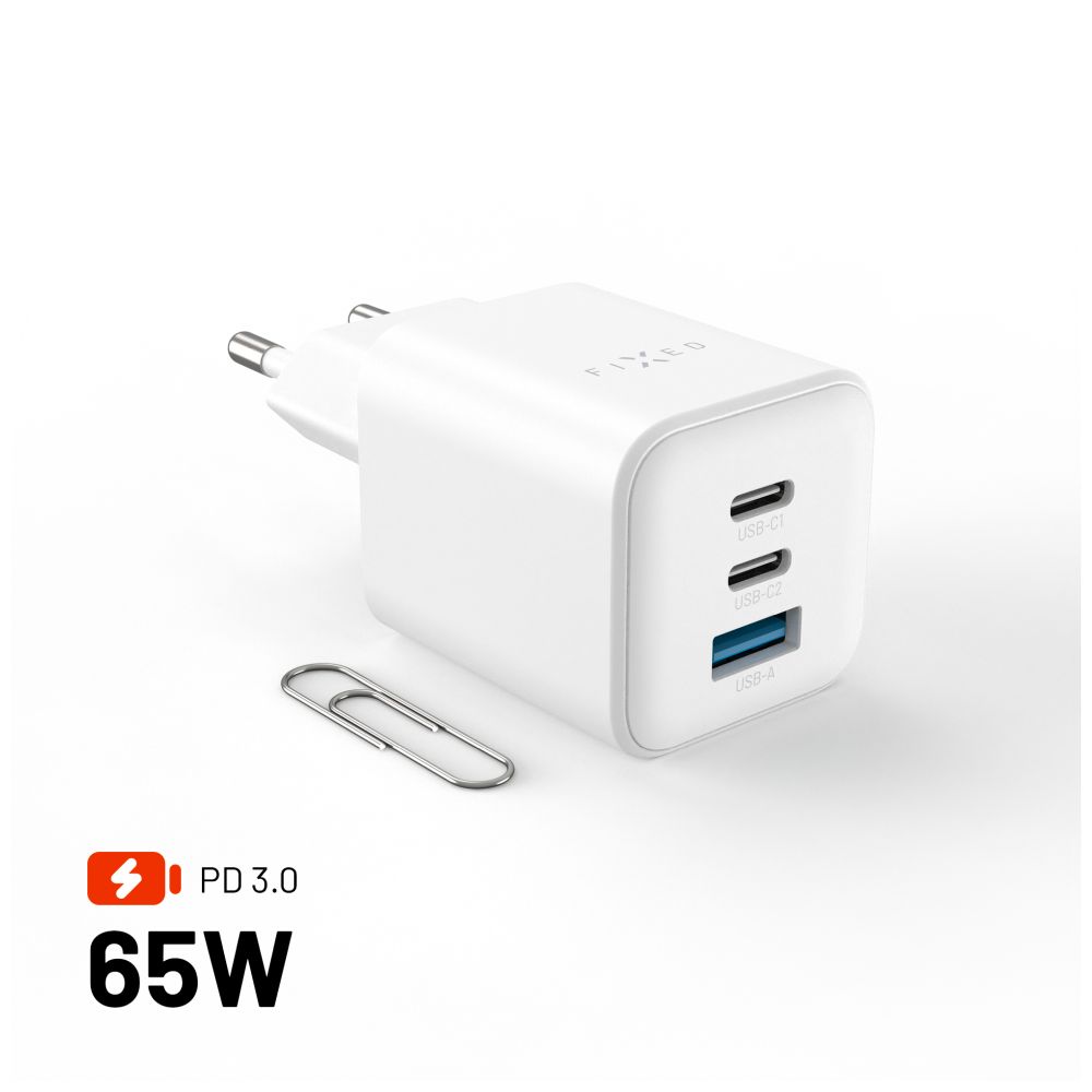 Síťová GaN nabíječka FIXED Mini s 2xUSB-C a USB výstupem, podpora PD, 65W, bílá