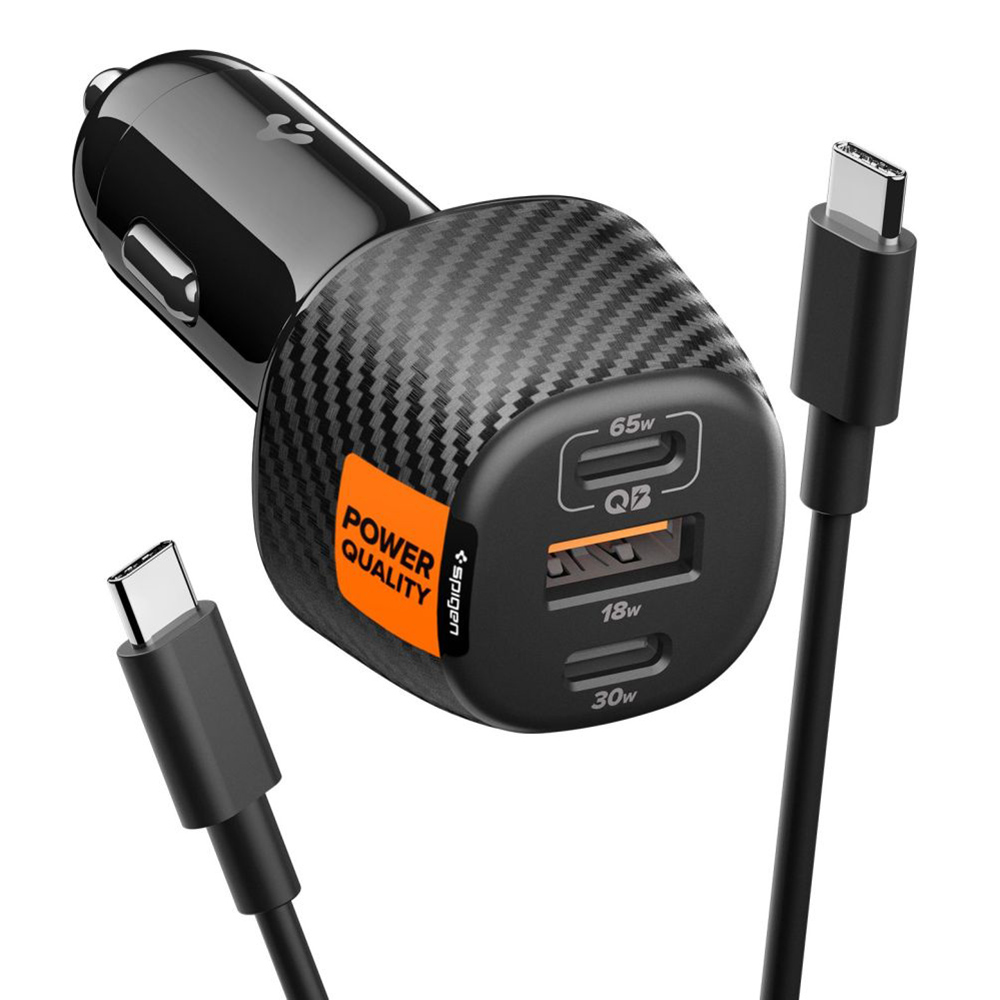 Spigen – nabíječka do auta Essential (EV1133) – 3v1, USB, 2x Type-C, rychlé nabíjení, Quantum Boost, čip E-Marker, 113W – černá
