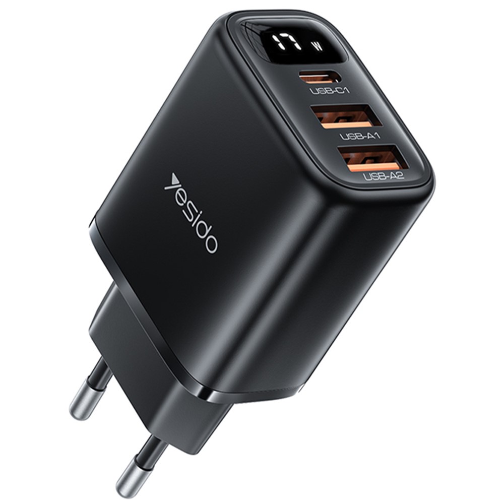 Yesido - nástěnná nabíječka (YC67) - s digitálním displejem, rychlé nabíjení, pro telefon, tablet, 3v1, 2x USB, Type-C, 17W - černá