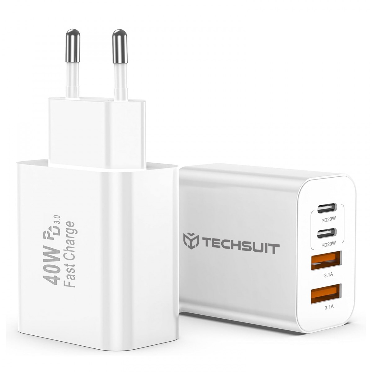 Techsuit - prémiová nástěnná nabíječka PowerXQuad (CH4) - 2x PD20W Type-C, 2x USB 3.1A, super rychlý cestovní adaptér 40W - bílá