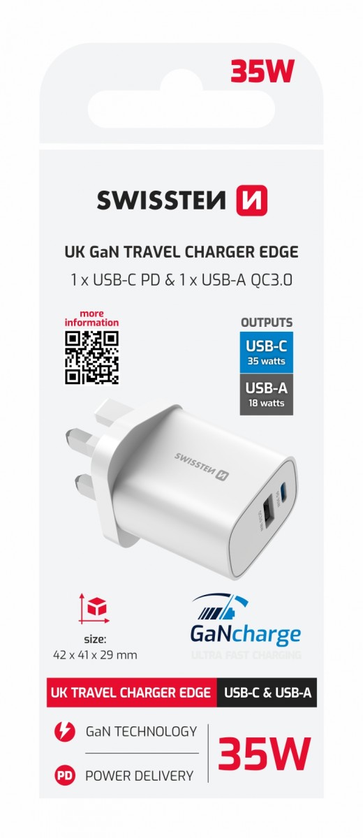 Adaptér Swissten Edge Gan 1x USB-C PD 35W + 1x USB-A 18W QC, pro uk zásuvku bílý