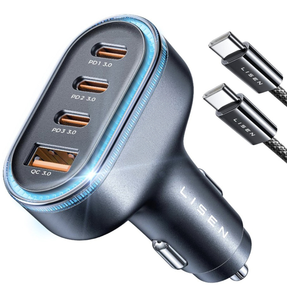 Lisen - nabíječka do auta (YL0223120021) - s kabelem Type-C, USB, 3x Type-C, 101 W, rychlé nabíjení, 12–24 V - černá