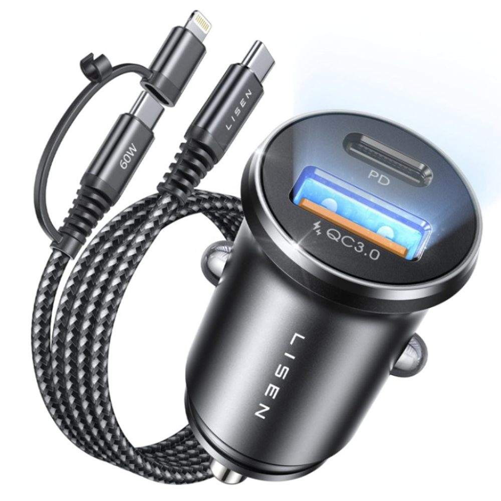 Lisen - nabíječka do auta (YL0223080035) - USB, Type-C, s 3v1 kabelem Type-C/Lightning to Type-C, 12V/24V - černá