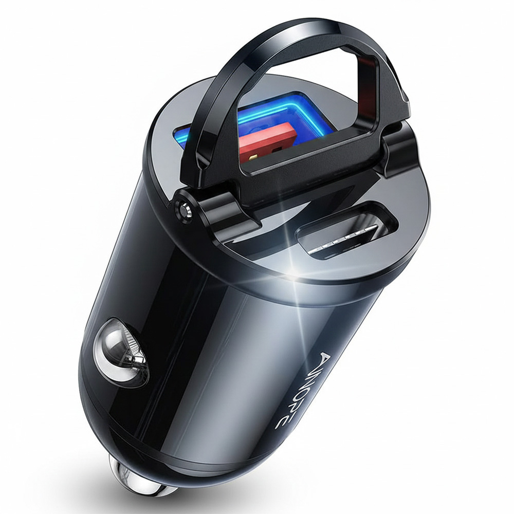 Ainope - nabíječka do auta (YA0222080015) - USB, Type-C, PD30W, s vytahovacím kroužkem, hliníková slitina, 12V/24V - černá