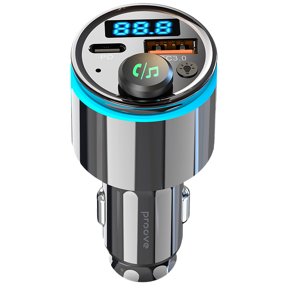 Proove - nabíječka do auta s FM modulátorem (FMNX30110001) - USB, Type-C, U-Disk, TF, Bluetooth 5.3, rychlé nabíjení, 30W, LED - černá