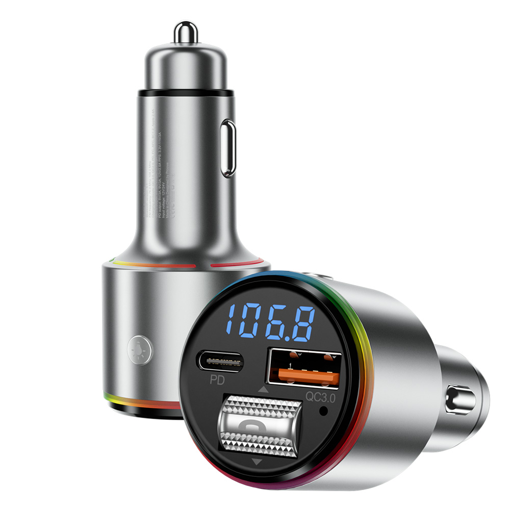 Proove - nabíječka do auta s FM modulátorem (FMPD30110006) - USB, Type-C, AUX, Bluetooth 5.3, rychlé nabíjení, 30 W, 12-24 V - stříbrná
