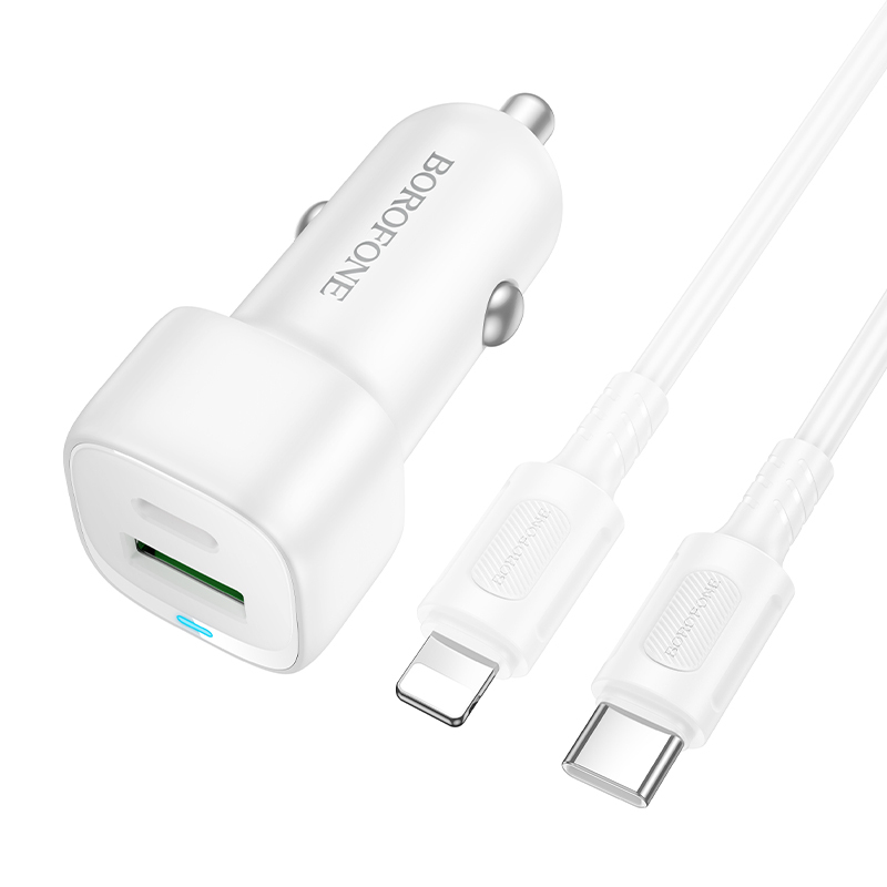 Nabíječka do auta Borofone BZ34B Cloud - USB + Type C - QC 3.0 PD 38W s kabelem Type C - Lightning bílá