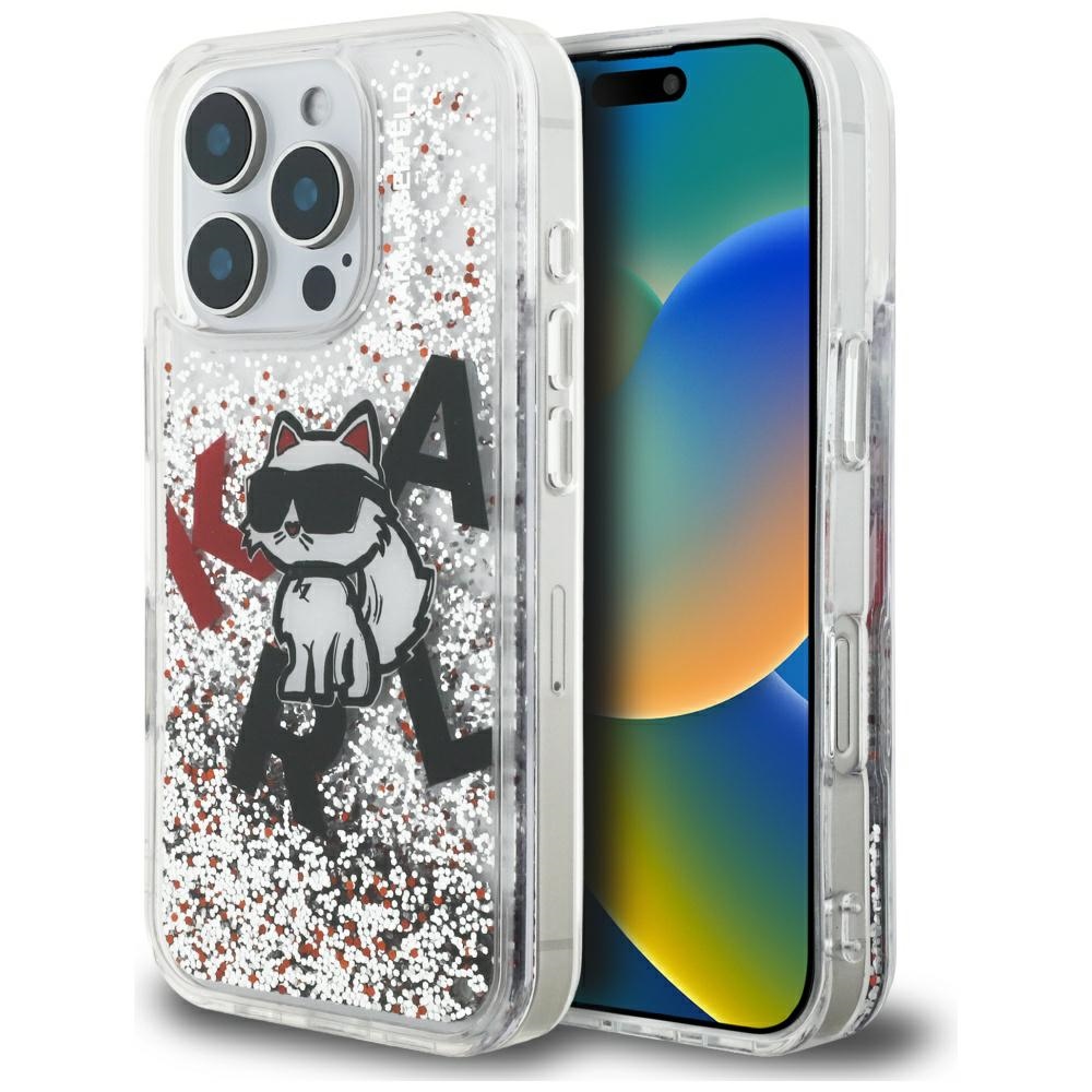 Karl Lagerfeld - pouzdro s tekutými třpytkami a logem Choupette MagSafe (KLHCP16LLCHSCTDT) - pro iPhone 16 Pro - průhledné
