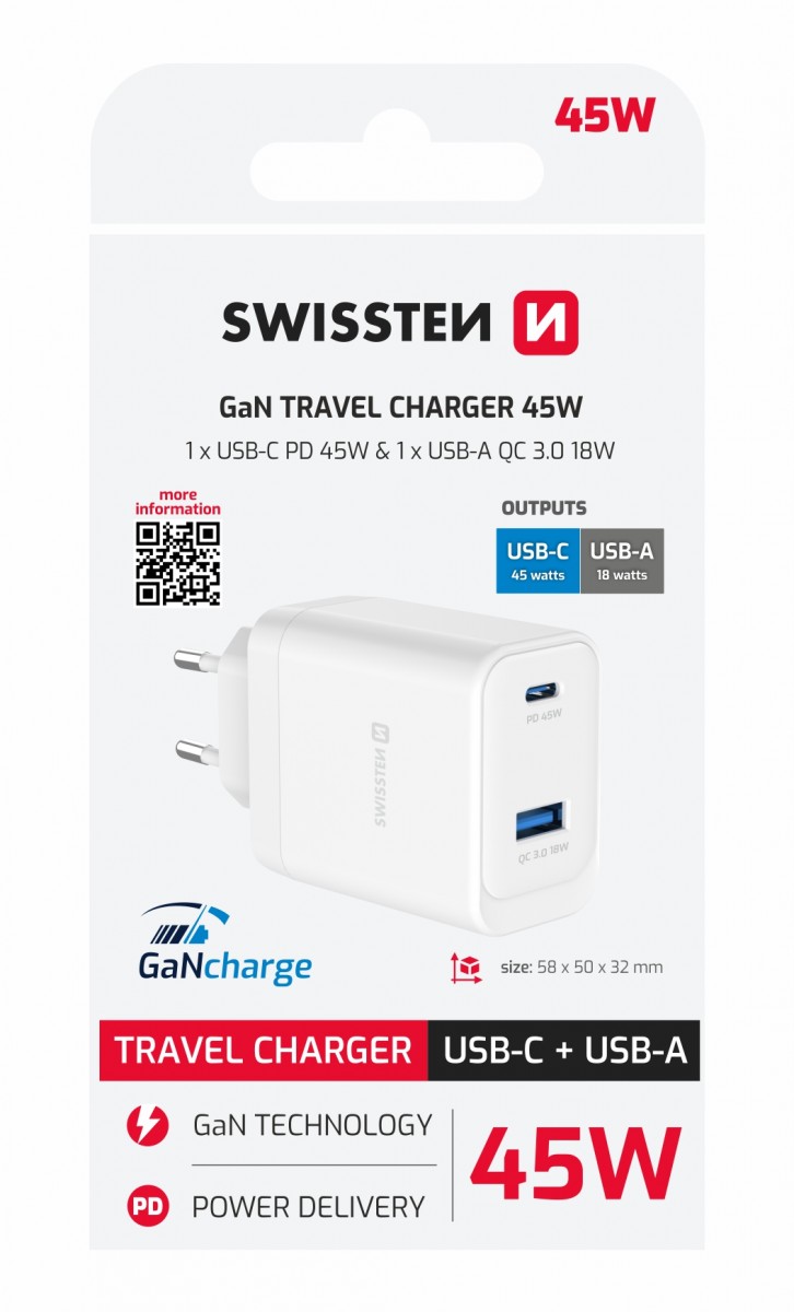 Adaptér Swissten Gan 1x USB-C 45W PD + 1x USB-A 18W QC bílý