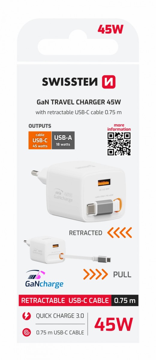 Adaptér Swissten Slidecharge Gan 45W, 1x USB-A 18W se zatahovacím USB-C kabelem 0.75 m bílý