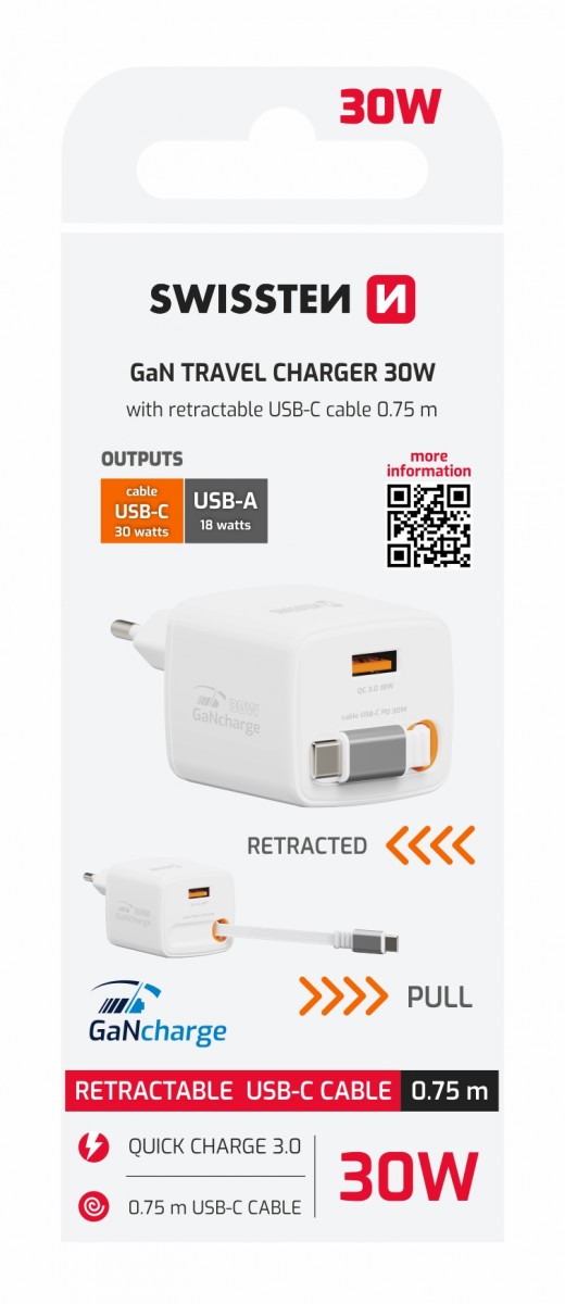 Adaptér Swissten Slidecharge Gan 30W, 1x USB-A 18W se zatahovacím USB-C kabelem 0.75 m bílý