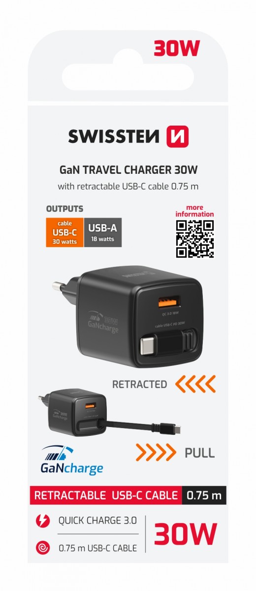 Adaptér Swissten Slidecharge Gan 30W, 1x USB-A 18W se zatahovacím USB-C kabelem 0.75 m černý