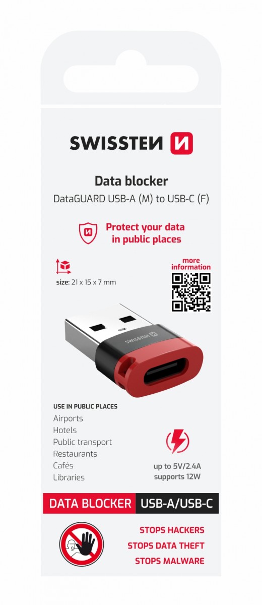 Nabíjecí adaptér s blokací dat Swissten dataguard usb-a (samec) / usb-c (samice) černý