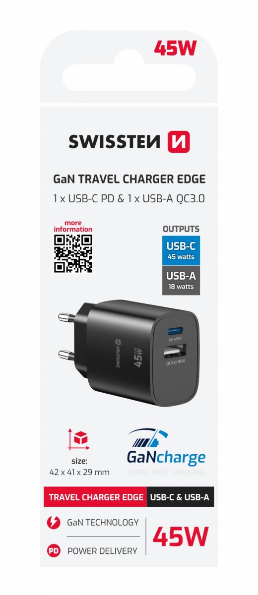 Adaptér Swissten Edge Gan 1x USB-C PD 45W + 1x USB-A 18W QC černý