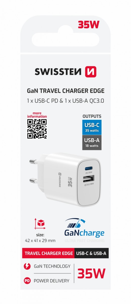 Adaptér Swissten Edge Gan 1x USB-C PD 35W + 1x USB-A 18W QC bílý