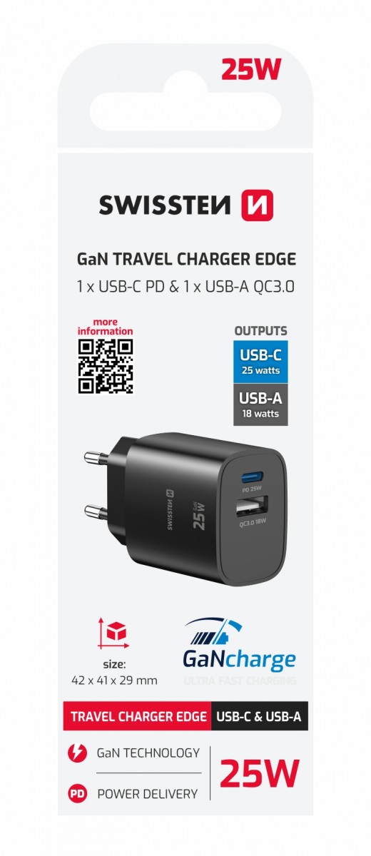 Adaptér Swissten Edge Gan 1x USB-C PD 25W + 1x USB-A 18W QC černý