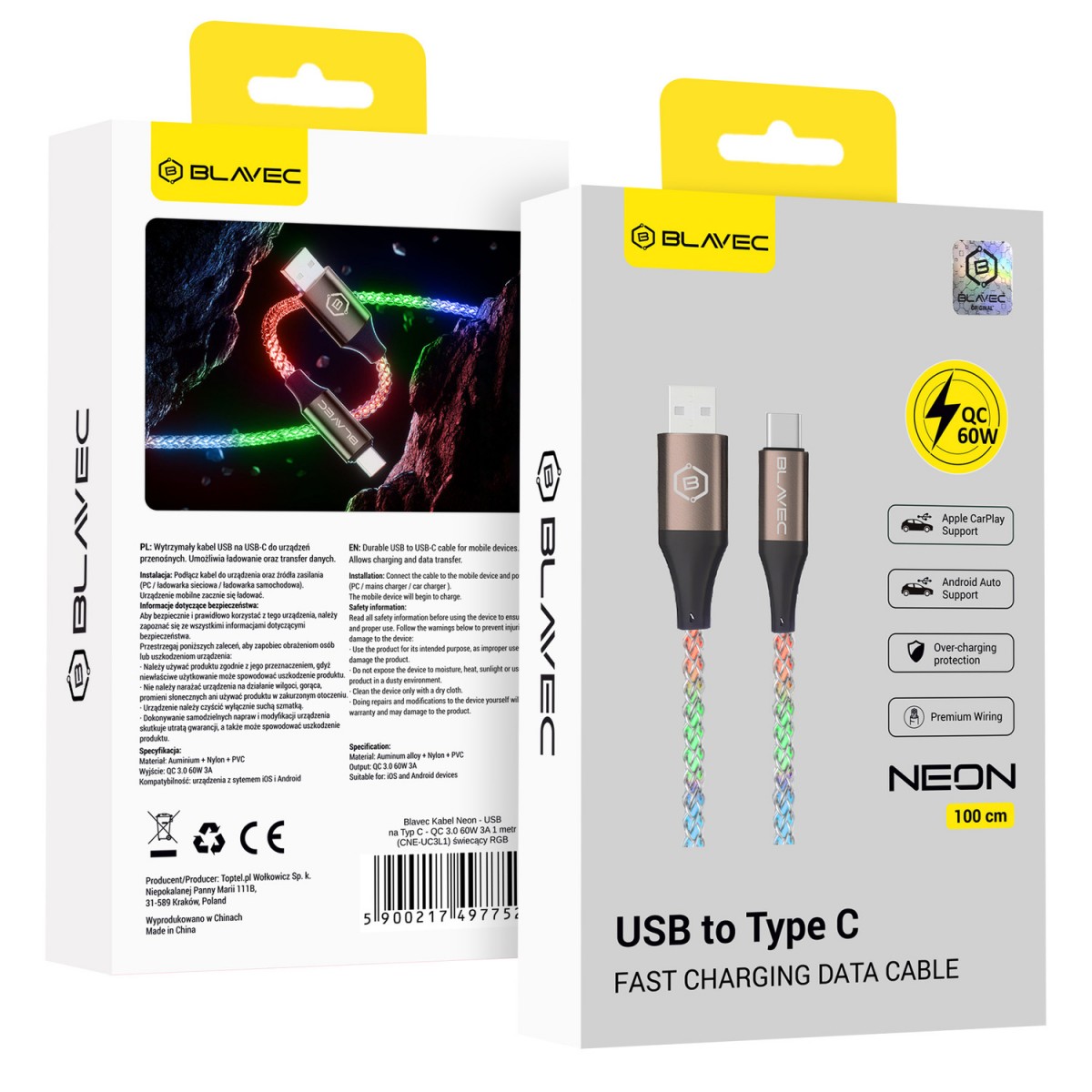 Blavec Neon svítící kabel USB-A na USB-C, QC 3.0, 60W, 3A, 1 m, RGB
