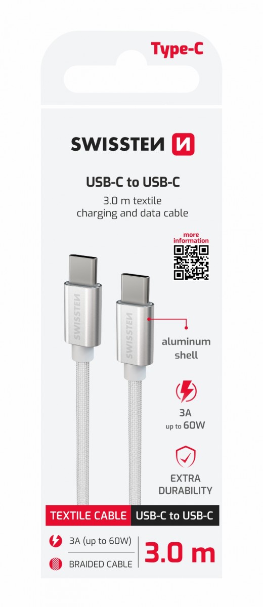 Datový kabel Swissten textile usb-c / usb-c 3.0 m stříbrný