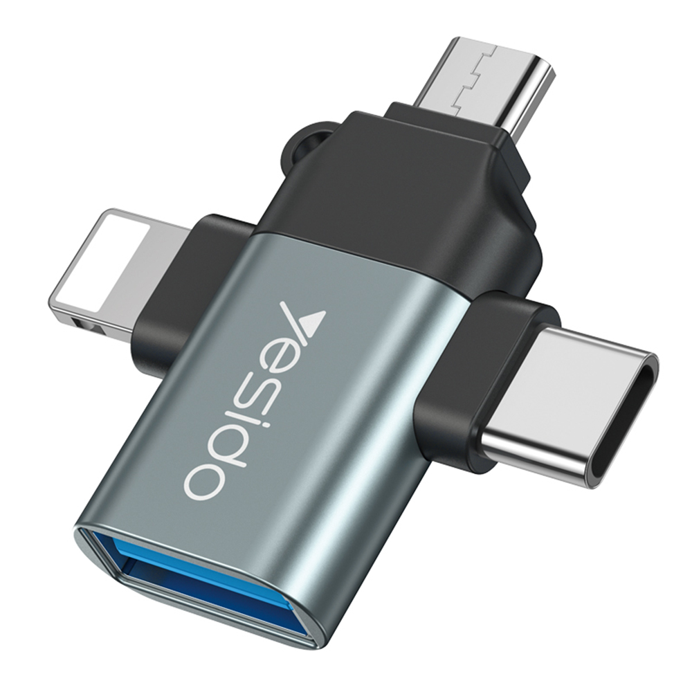 Yesido - OTG Adaptér (GS15) - USB na Lightning, Micro-USB, Type-C, Plug & Play, 480Mbps - Černá