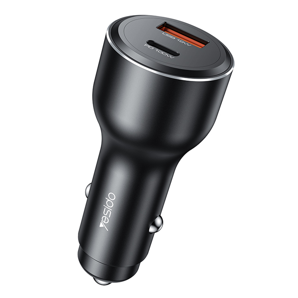 Yesido - Autonabíječka (Y65) - Dva porty USB-A + Type-C, PD100W, Slitina hliníku, Super rychlé nabíjení - Černá