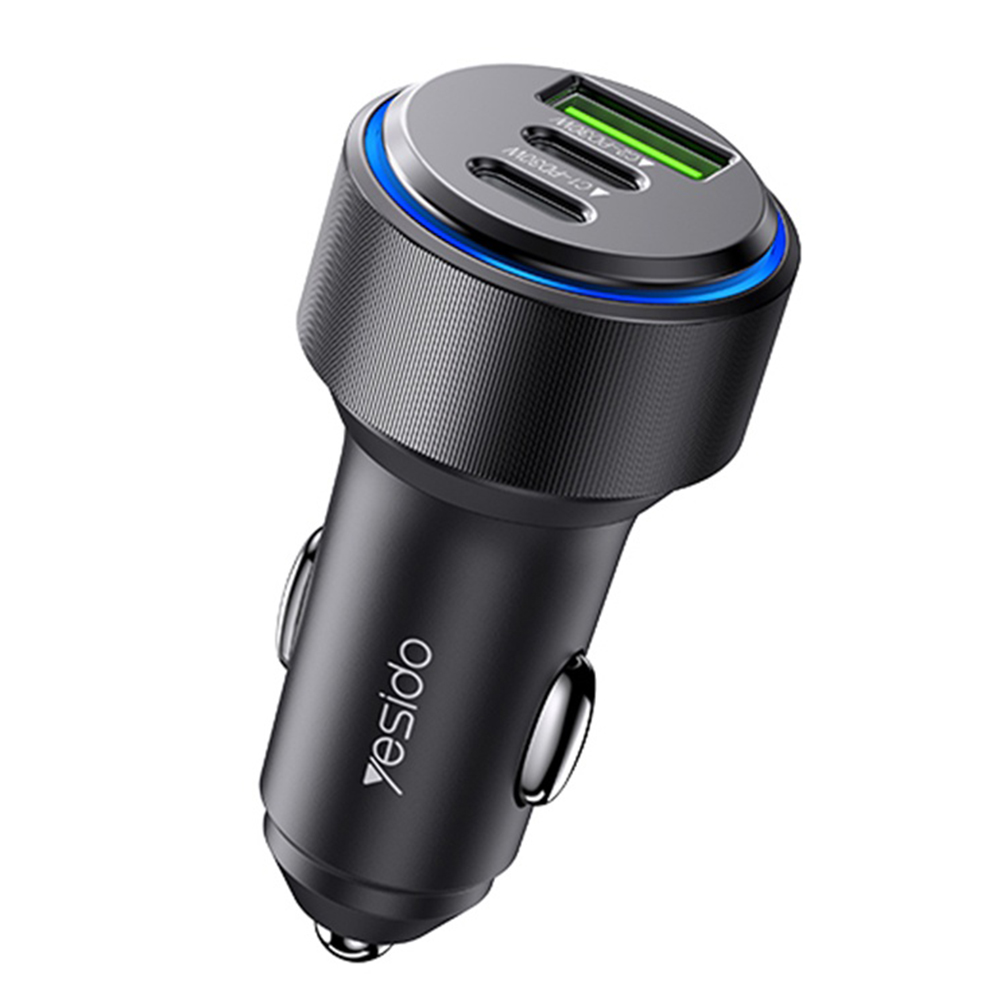 Yesido - Autonabíječka (Y50) - 2x Type-C, USB, Rychlé nabíjení, 60W, LED prstenec, Čip pro kontrolu teploty - Černá