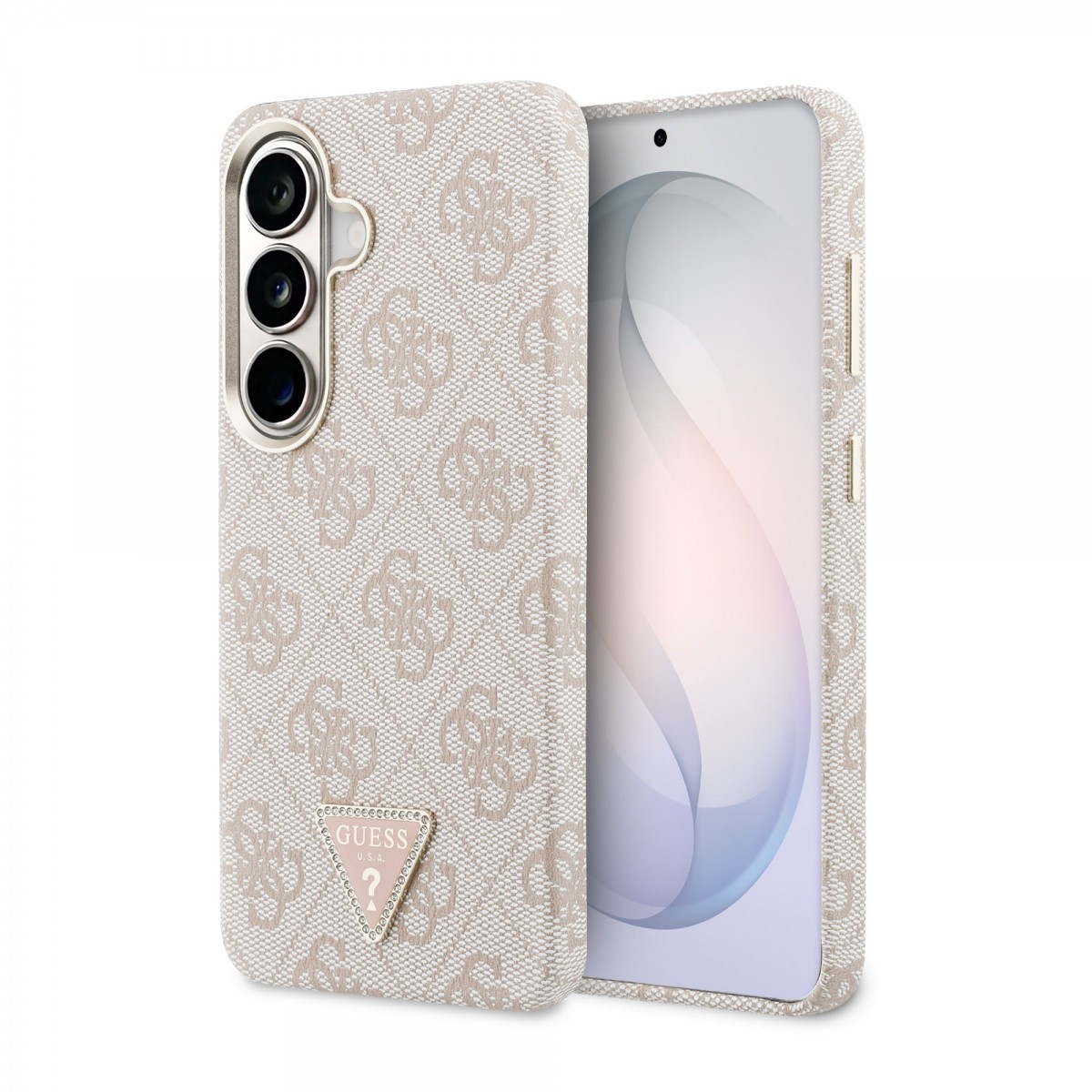 Zadní kryt Guess PU Leather 4G Strass Triangle Logo Gold Frame Magnetic pro Samsung Galaxy S26 růžový
