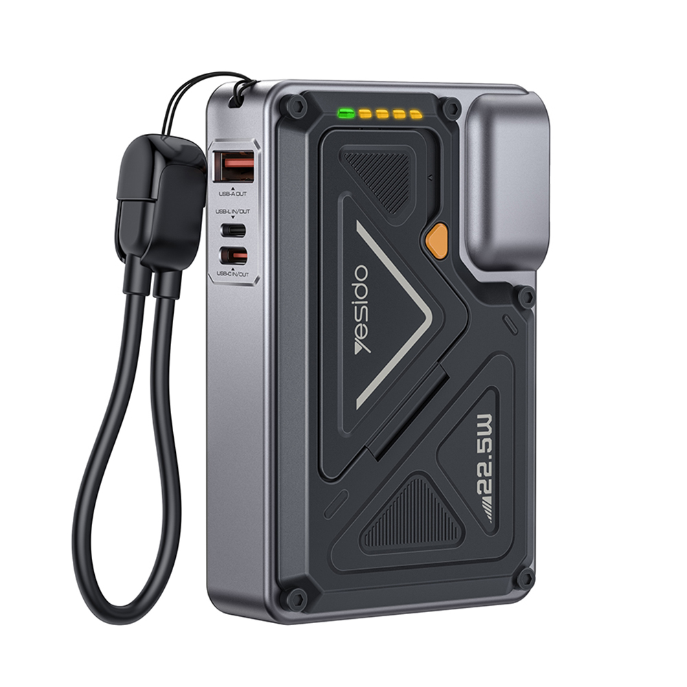 Yesido - Powerbanka (YP89) - Magnetická, Rychlé nabíjení, USB, Lightning, Type-C, Integrovaný stojánek, LED indikátory, 10000mAh, 22.5W - Šedá