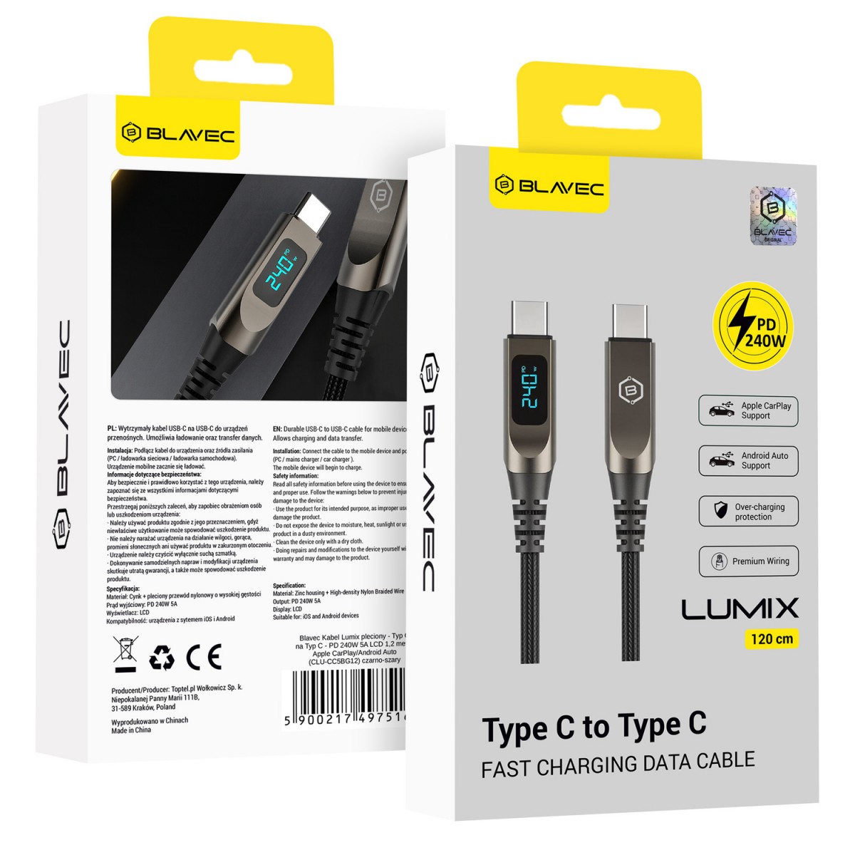 Opletený kabel Blavec Lumix - Typ C na Typ C - PD 240W 5A s LED displejem 1,2 metru Apple CarPlay/Android Auto (CLU-CC5BG12) černošedý