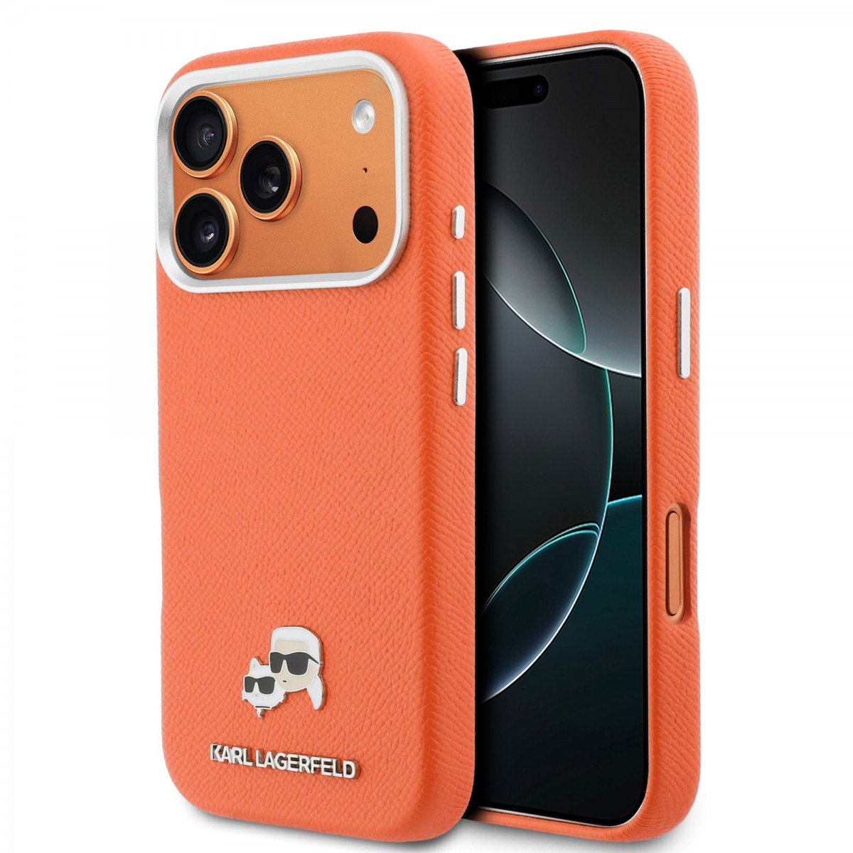 Zadní kryt Karl Lagerfeld PU Karl and Choupette Heads Pins MagSafe pro iPhone 17 Pro oranžový