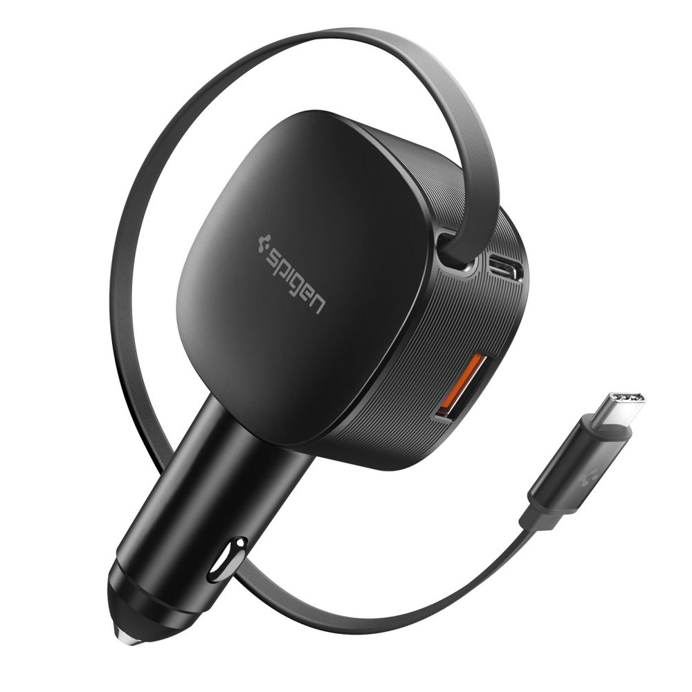 Nabíječka do auta Spigen - Car Charger Essential EV603BT (ACP10515) - 3in1, USB, 2x Type-C, Built-in Retractable Cable, Fast Charging, 60W, 72cm Černá