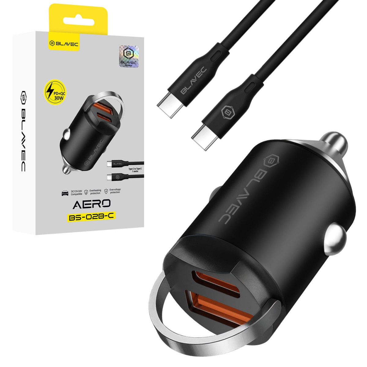 Rychlonabíječka do auta Blavec BS-02B-C Aero 30W s kabelem USB-C černá